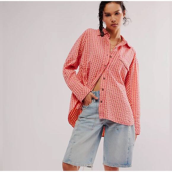 Free People FP We The Free Womens Boho High Tide Button‎ Down Gingham Shirt XS - Picture 1 of 10